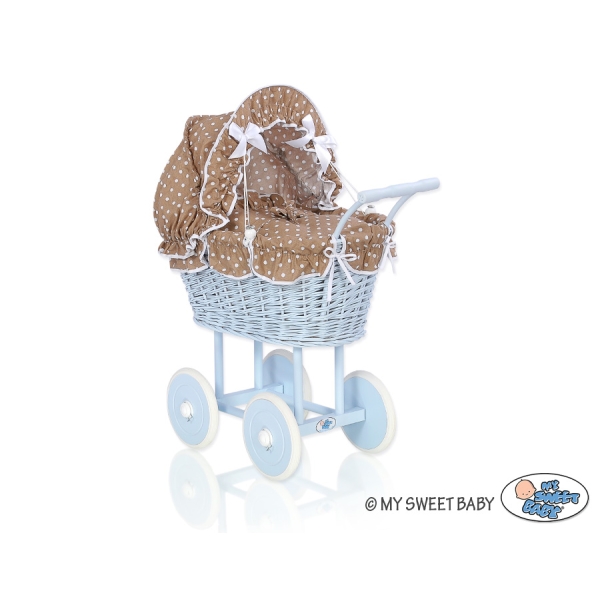 Rieten poppenwagen met stoffen kap Bruin Blauw Polkaprikker