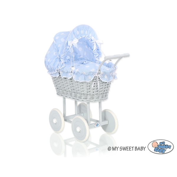 Rieten poppenwagen met stoffen kap Grijs