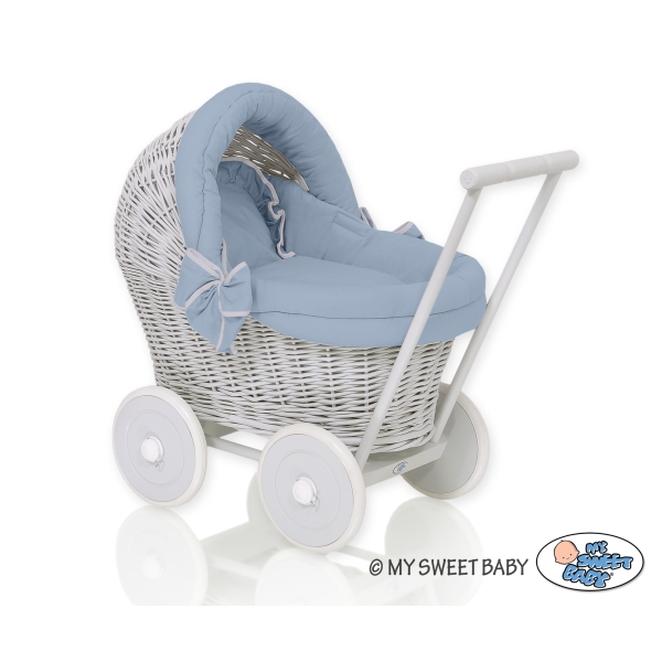 Rieten poppenwagen met stoffen kap Grijs Pastelblauw