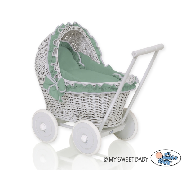 Rieten poppenwagen met stoffen kap Grijs Pastelgroen