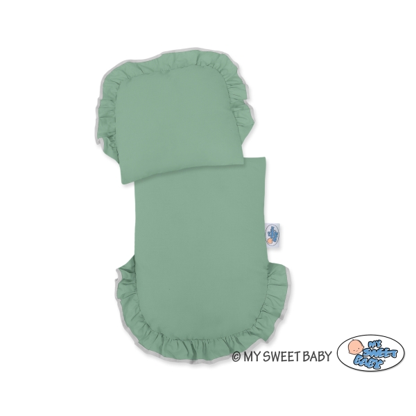 Rieten poppenwagen met stoffen kap Grijs Pastelgroen