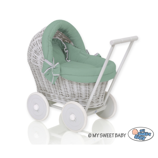 Rieten poppenwagen met stoffen kap Grijs Pastelgroen