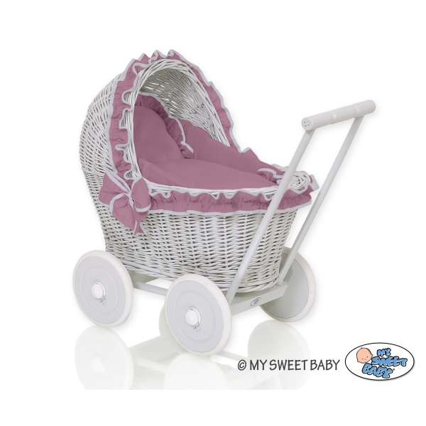 Rieten poppenwagen met stoffen kap Grijs Pastelviolet