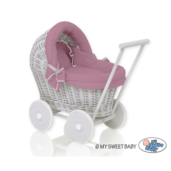 Rieten poppenwagen met stoffen kap Grijs Pastelviolet