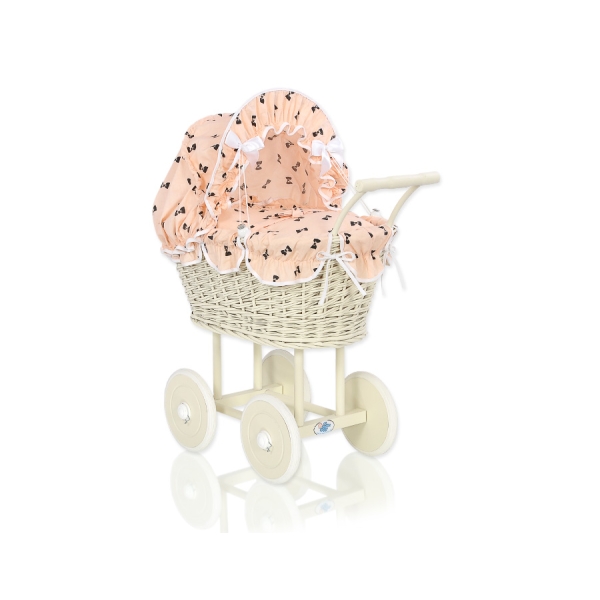 Rieten poppenwagen met stoffen kap Ivoor Lussen