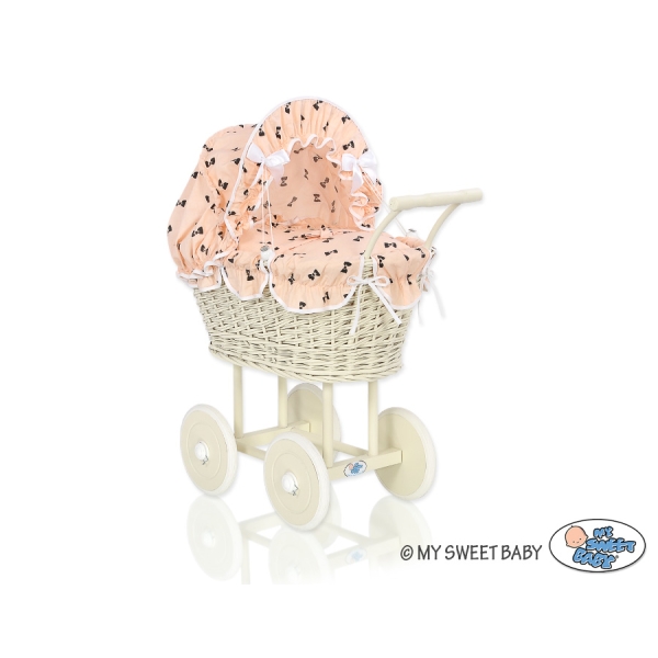 Rieten poppenwagen met stoffen kap Ivoor Lussen