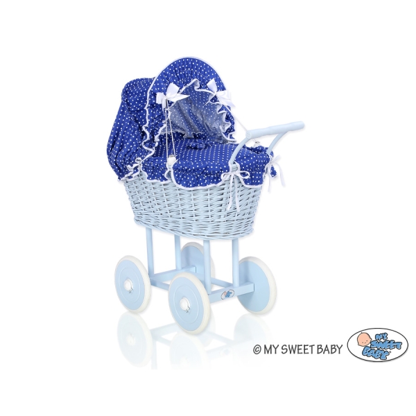 Rieten poppenwagen met stoffen kap Marineblauw Blauw