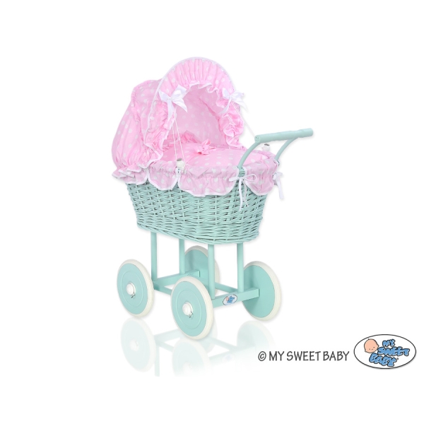 Rieten poppenwagen met stoffen kap Mint Roze Polkaprikker