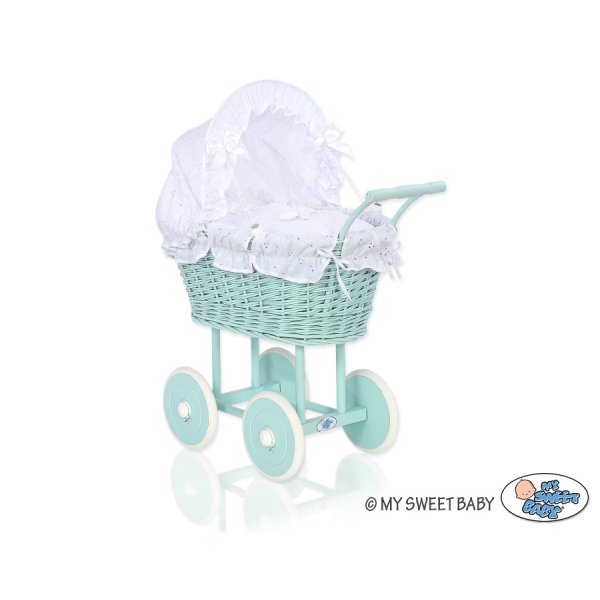 Rieten poppenwagen met stoffen kap Mint Wit
