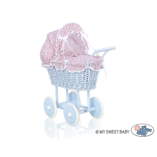 Rieten poppenwagen met stoffen kap Roze Blauw Bloemenweide Bloemen