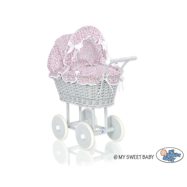 Rieten poppenwagen met stoffen kap Roze Grijs Bloemenweide Bloemen