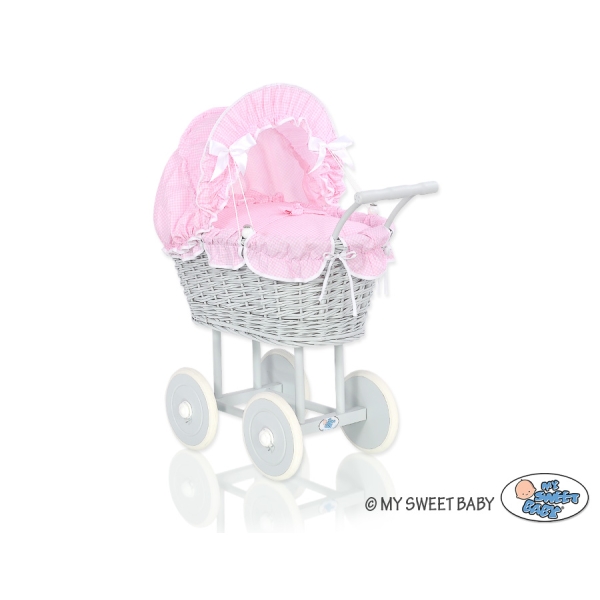 Rieten poppenwagen met stoffen kap Roze Grijs Geruit