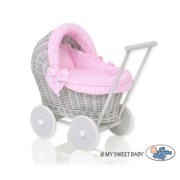Rieten poppenwagen met stoffen kap Roze Grijs Polkaprikker