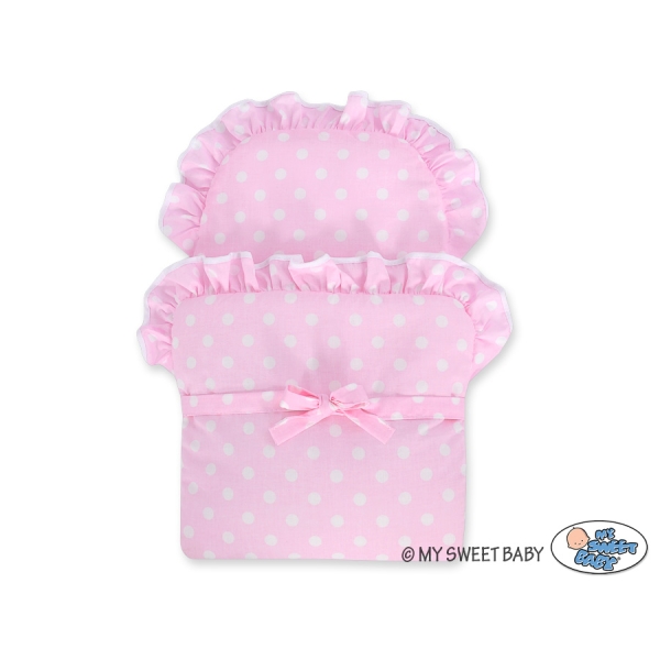 Rieten poppenwagen met stoffen kap Roze Polkaprikker Stofroze
