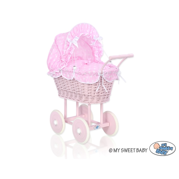 Rieten poppenwagen met stoffen kap Roze Polkaprikker Stofroze