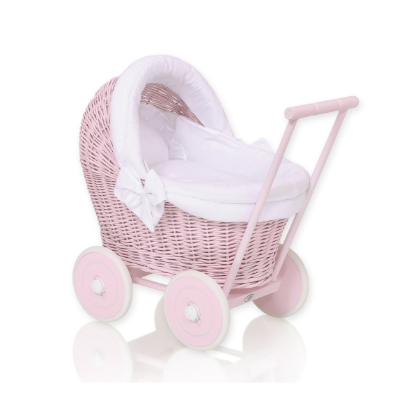 Rieten poppenwagen met stoffen kap Roze Wit