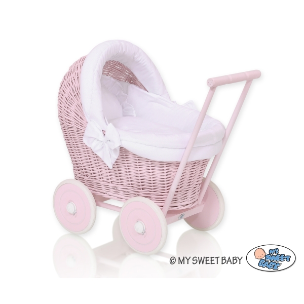 Rieten poppenwagen met stoffen kap Roze Wit