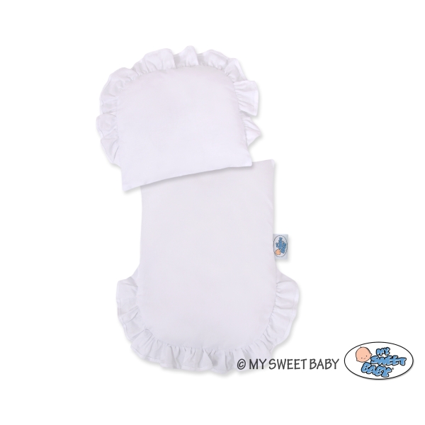 Rieten poppenwagen met stoffen kap Roze Wit