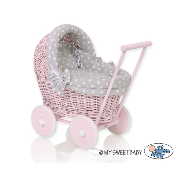 Rieten poppenwagen met stoffen kap Roze Wit Grijs Polkaprikker