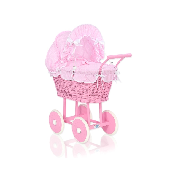 Rieten poppenwagen met stoffen kap Roze Wit Polkaprikker