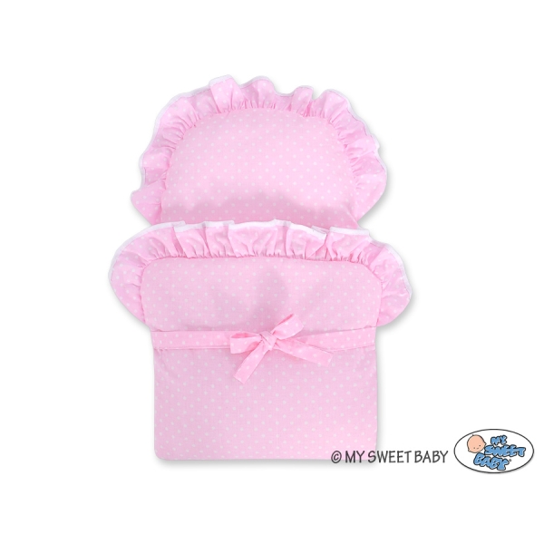 Rieten poppenwagen met stoffen kap Roze Wit Polkaprikker Stofroze