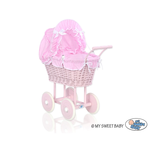 Rieten poppenwagen met stoffen kap Roze Wit Polkaprikker Stofroze