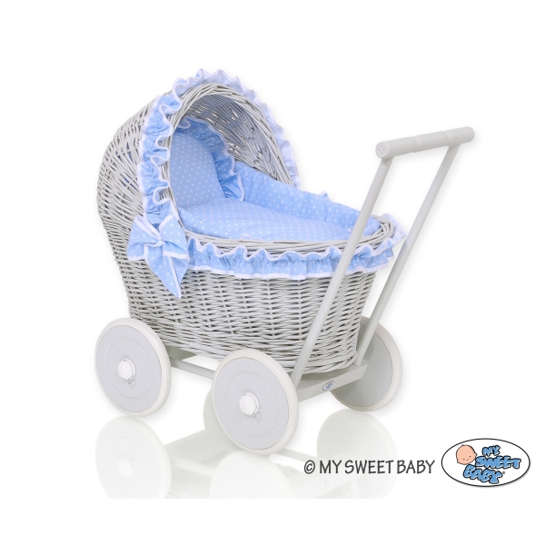 Rieten poppenwagen met stoffen kap Wit Grijs Blauw Polkaprikker