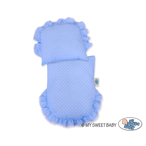 Rieten poppenwagen met stoffen kap Wit Grijs Blauw Polkaprikker