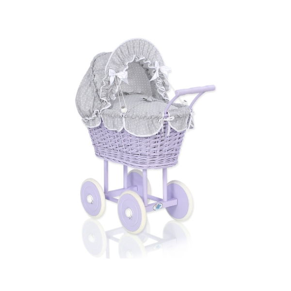 Rieten poppenwagen met stoffen kap Wit Grijs Purper Polkaprikker