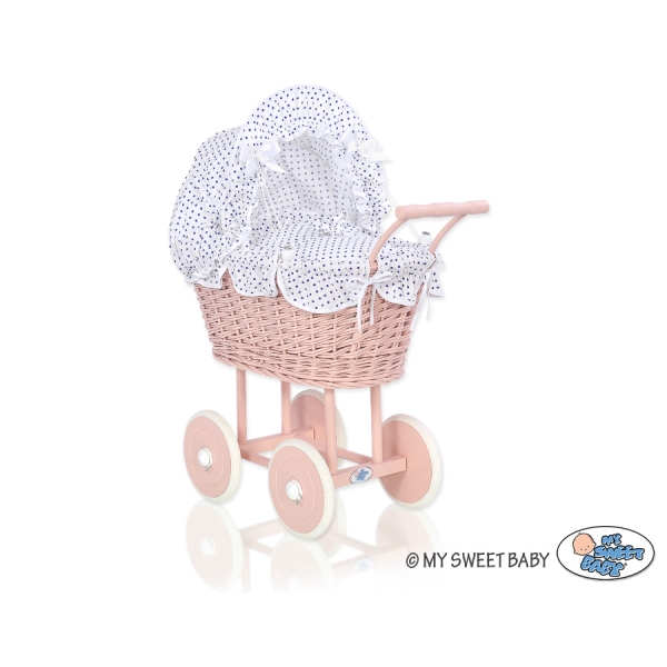 Rieten poppenwagen met stoffen kap Wit Marineblauw Polkaprikker Poederroze