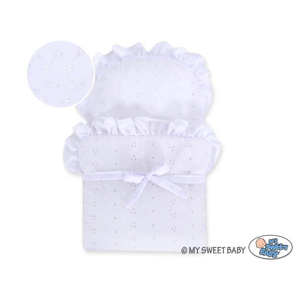 Rieten poppenwagen met stoffen kap Wit Poederroze