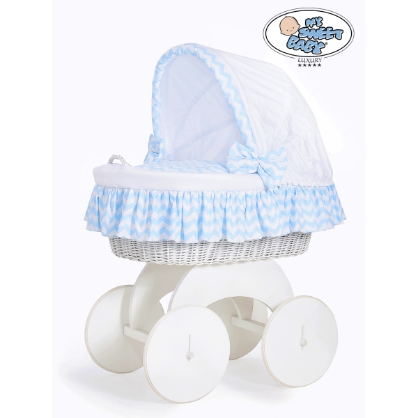 Rieten Wieg  met Kap met Beddengoedset voor Baby  Wit Blauw Hanna