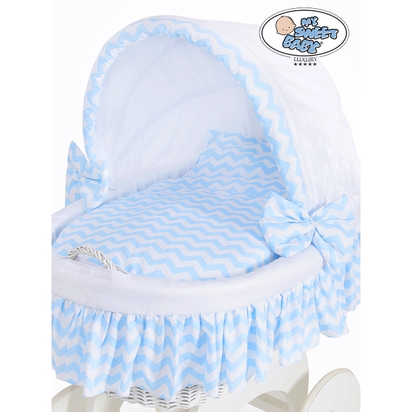 Rieten Wieg  met Kap met Beddengoedset voor Baby  Wit Blauw Hanna