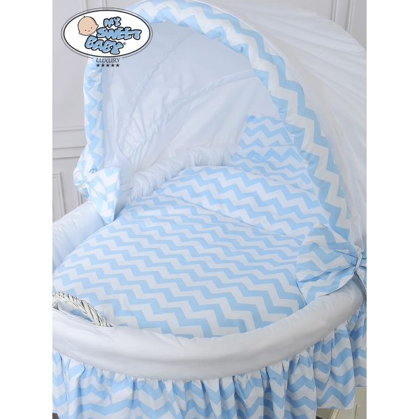 Rieten Wieg  met Kap met Beddengoedset voor Baby  Wit Blauw Hanna