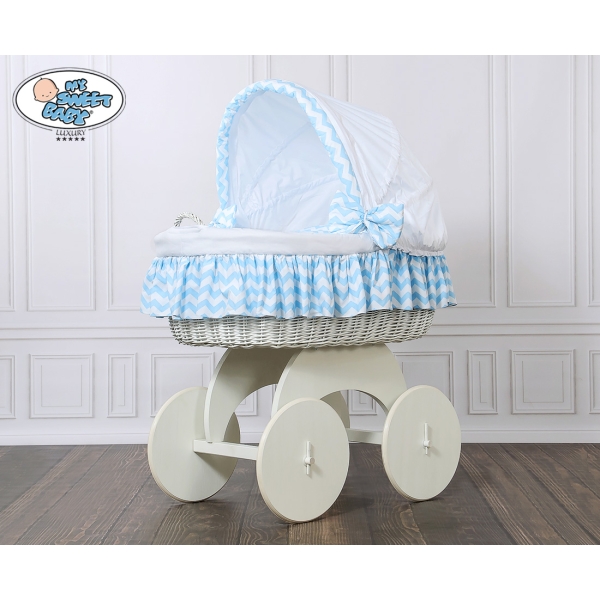 Rieten Wieg  met Kap met Beddengoedset voor Baby  Wit Blauw Hanna
