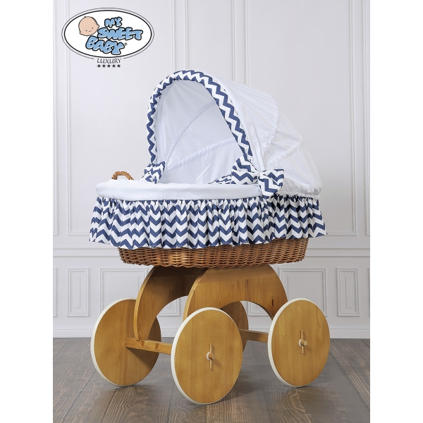 Rieten Wieg  met Kap met Beddengoedset voor Baby  Wit Marineblauw Hanna