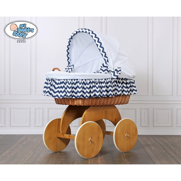 Rieten Wieg  met Kap met Beddengoedset voor Baby  Wit Marineblauw Hanna