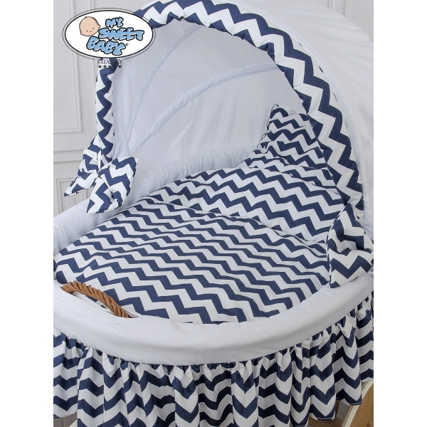 Rieten Wieg  met Kap met Beddengoedset voor Baby  Wit Marineblauw Hanna