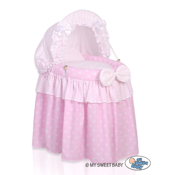 Rotan Poppenwieg met Kap Roze Polkaprikker