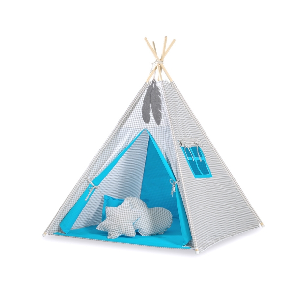 Set: Tipi-tent Speelkleed Grijs Turkoois Geruit