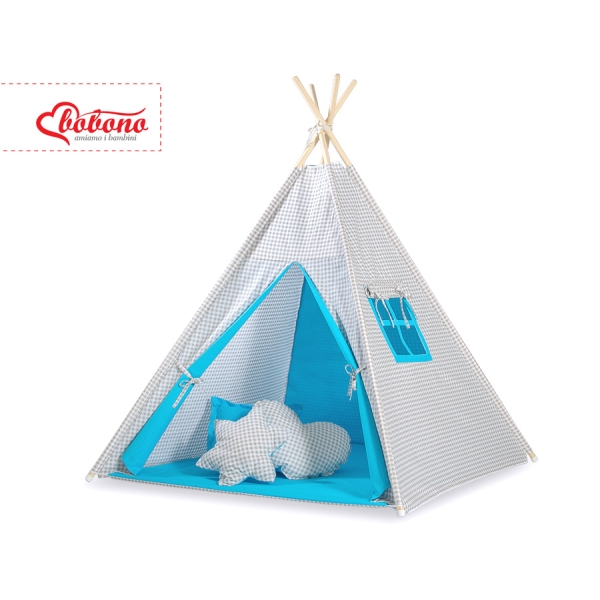 Set: Tipi-tent Speelkleed Grijs Turkoois Geruit