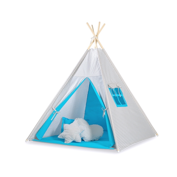Set: Tipi-tent Speelkleed Grijs Turkoois Geruit