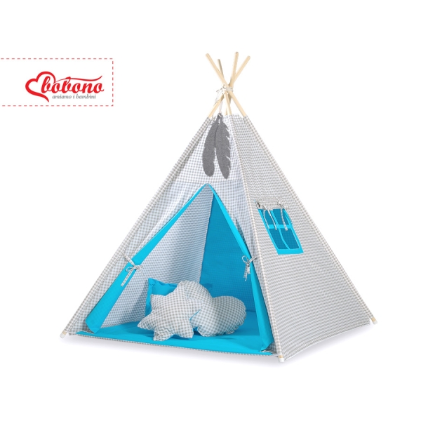 Set: Tipi-tent Speelkleed Grijs Turkoois Geruit