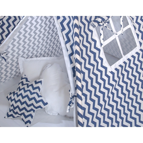 Set: Tipi-tent Speelkleed Kussens Donkerblauw Zigzag