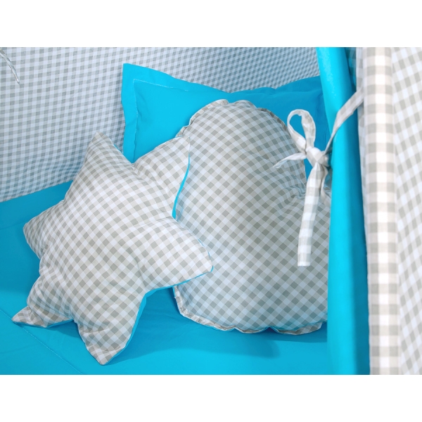 Set: Tipi-tent Speelkleed Kussens  GRATIS decoratieve veren Grijs Turkoois Geruit