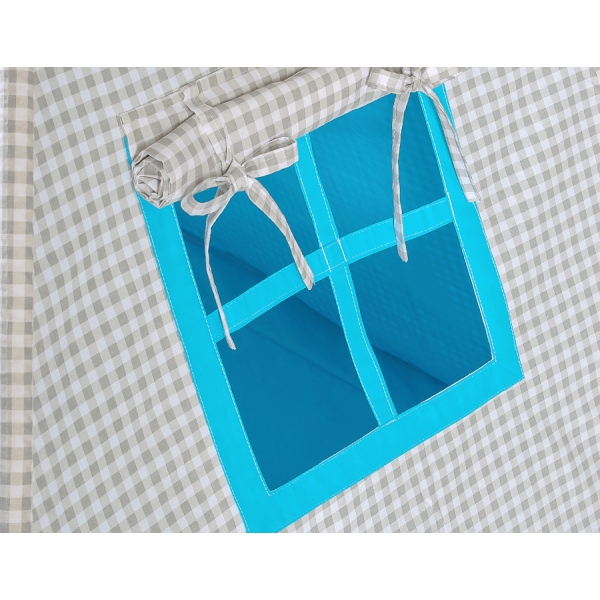Set: Tipi-tent Speelkleed Kussens  GRATIS decoratieve veren Grijs Turkoois Geruit