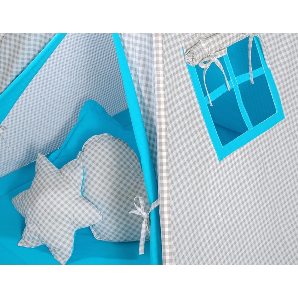 Set: Tipi-tent Speelkleed Kussens  GRATIS decoratieve veren Grijs Turkoois Geruit