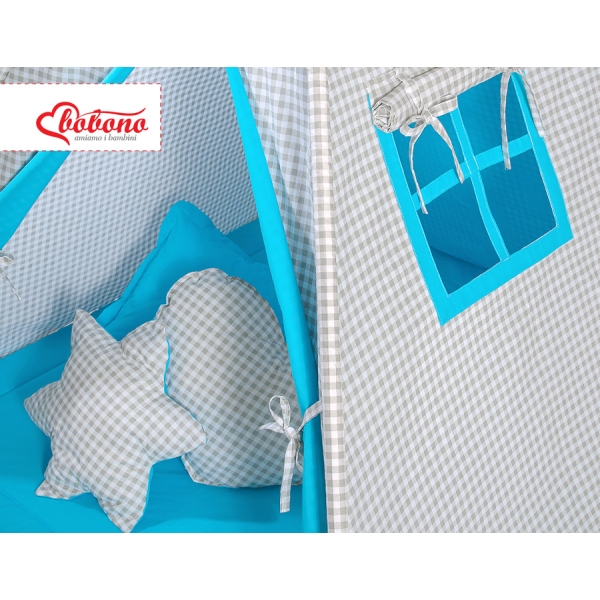 Set: Tipi-tent Speelkleed Kussens  GRATIS decoratieve veren Grijs Turkoois Geruit