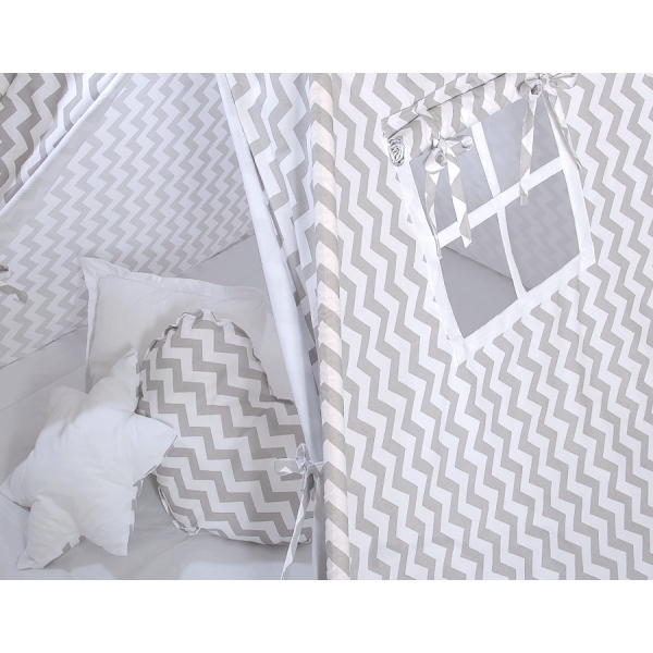 Set: Tipi-tent Speelkleed Kussens  GRATIS decoratieve veren Grijs Zigzag