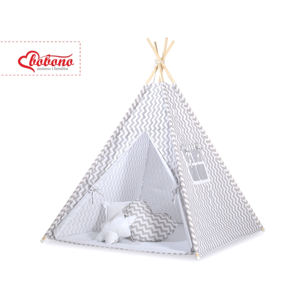 Set: Tipi-tent Speelkleed Kussens  GRATIS decoratieve veren Grijs Zigzag